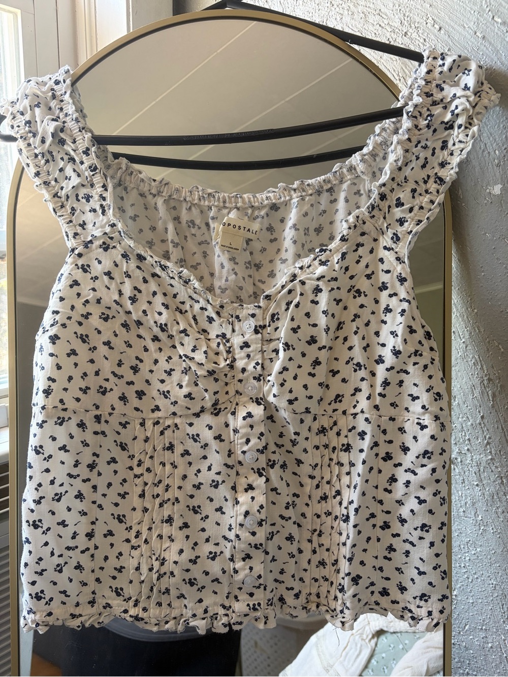 Aeropostale White Tank with Navy Floral Print and Ruffle Straps
